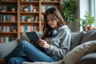 Jeune femme lisant manga sur un sofa moderne