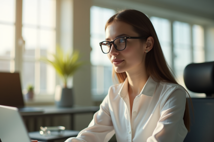 Jeune femme portant des lunettes antireflet au bureau