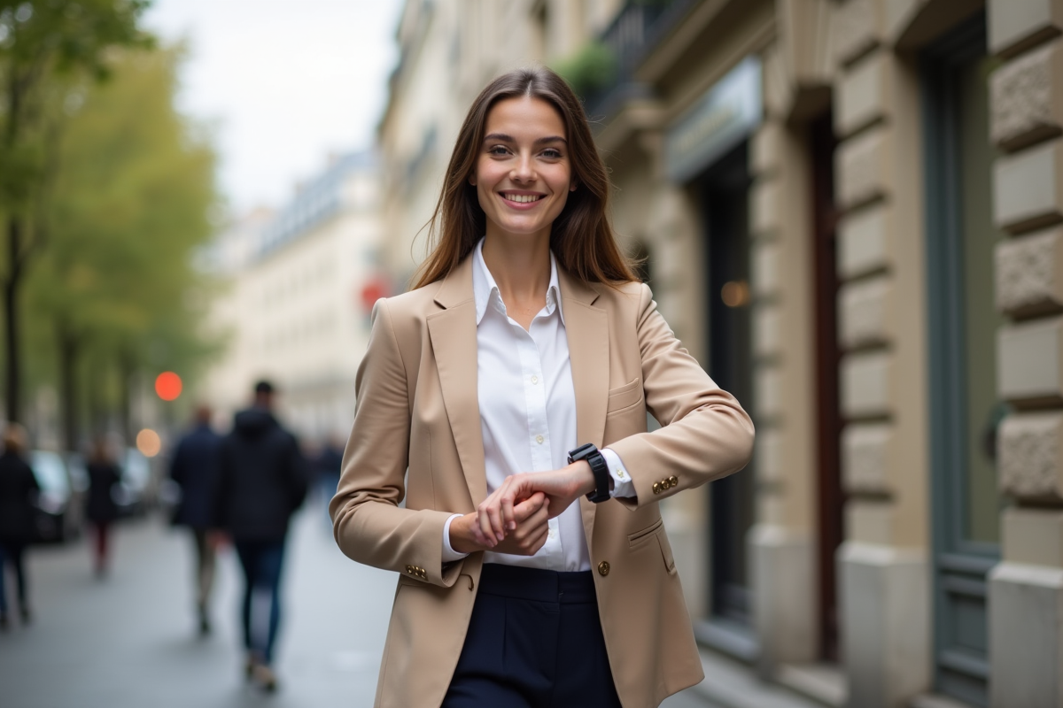 Jeune femme élégante ajustant sa montre dans Paris
