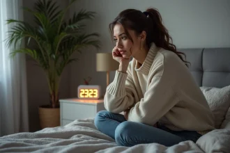 Jeune femme regardant une horloge digitale la nuit