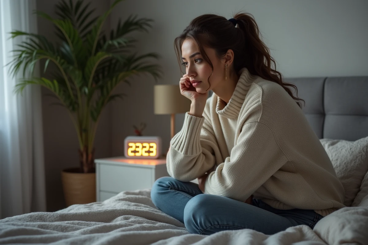 Jeune femme regardant une horloge digitale la nuit