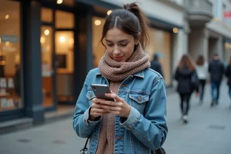 Jeune femme en denim et foulard dans une rue urbaine