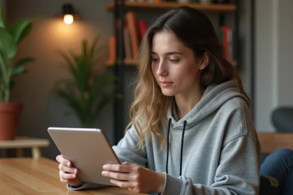 Jeune femme concentr&eacute;e avec tablette dans un appartement cosy