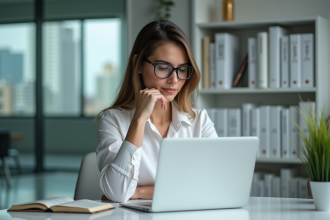 Jeune femme en traduction dans un bureau moderne