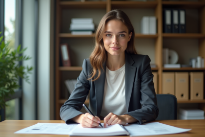 Jeune femme en blazer et t-shirt blanc au bureau