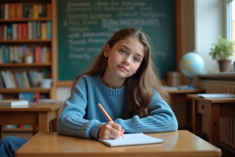 Jeune fille studieuse en classe avec cahier et livres