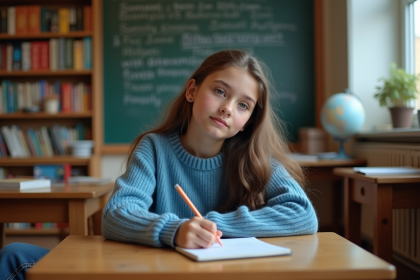 Jeune fille studieuse en classe avec cahier et livres