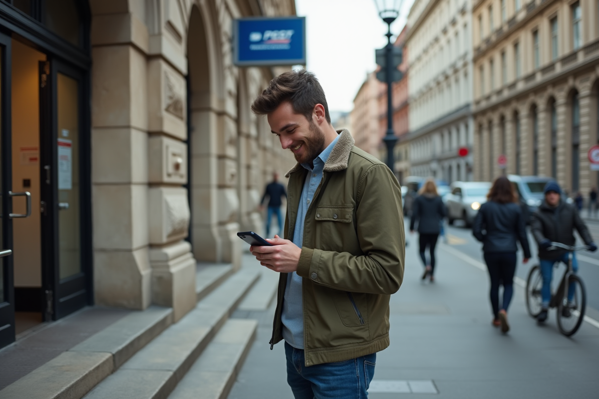 Jeune homme vérifiant son mobile devant une poste urbaine