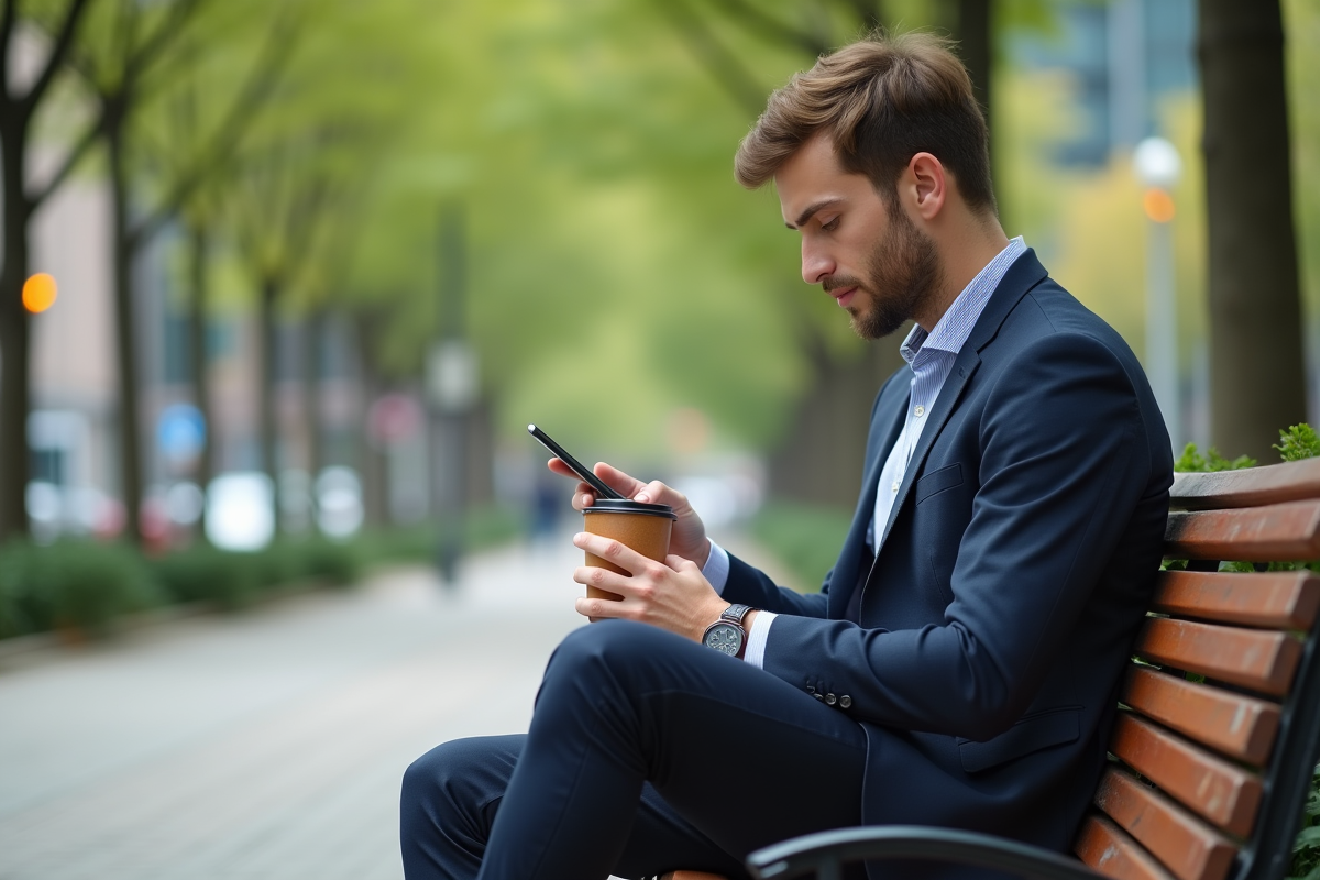 Jeune homme vérifiant son budget sur smartphone en plein air