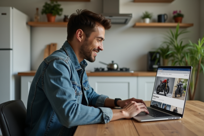 Jeune homme en denim regarde son ordinateur portable