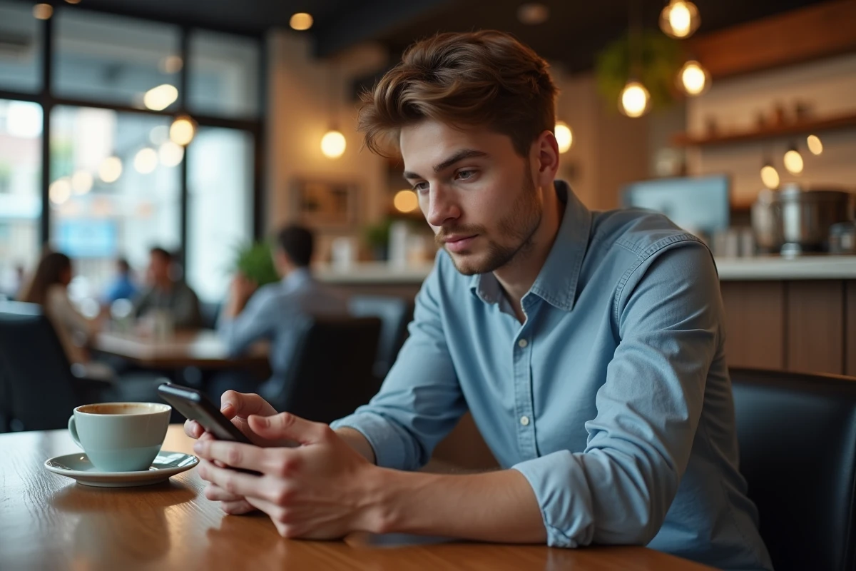 Jeune homme au caf&eacute; jouant &agrave; Sutom sur son smartphone