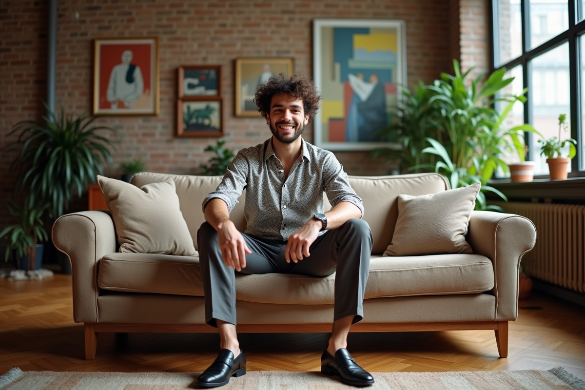Jeune homme dans un loft moderne avec plantes et livres