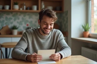 Jeune homme souriant lisant une note dans une cuisine moderne