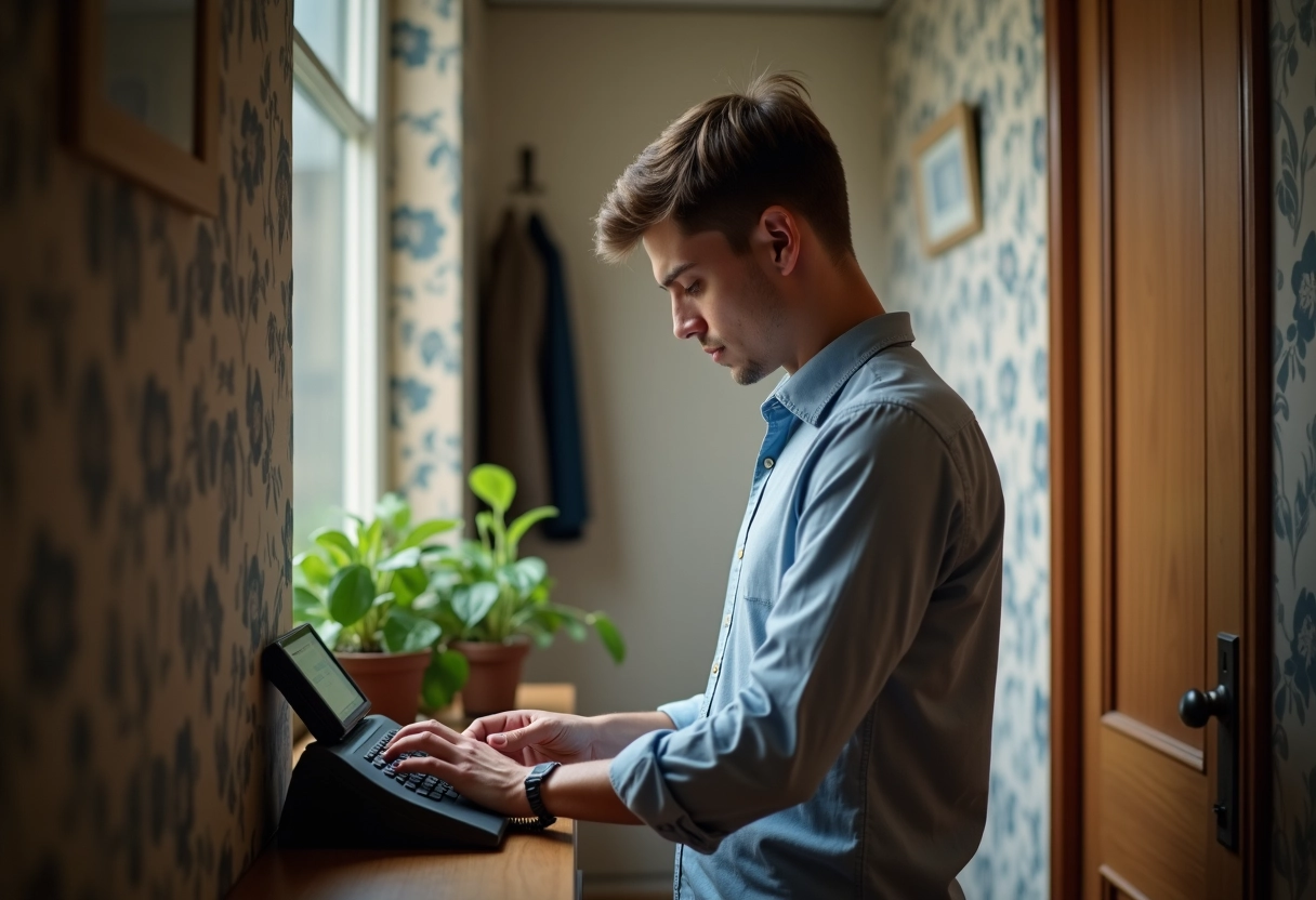 Jeune homme programme son téléphone fixe dans un appartement urbain