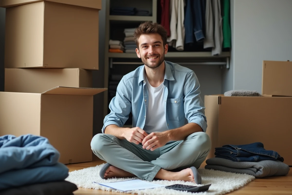 Jeune homme triant ses vêtements dans une petite chambre urbaine
