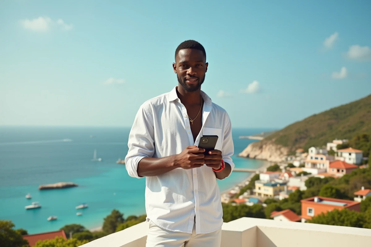 Jeune homme avec smartphone dans village tropical