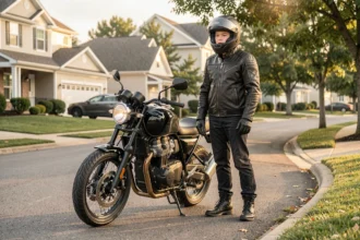 Jeune motard debout à côté de sa moto dans une rue calme