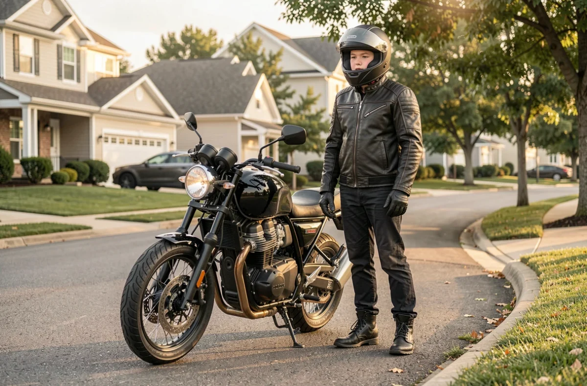 Jeune motard debout à côté de sa moto dans une rue calme