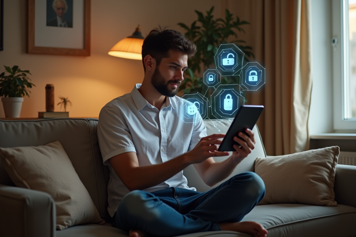 Jeune professionnel utilisant une tablette en protection en ligne
