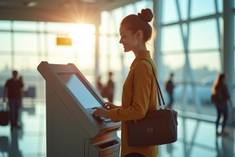 Jeune voyageur souriant vérifiant son enregistrement à l'aéroport