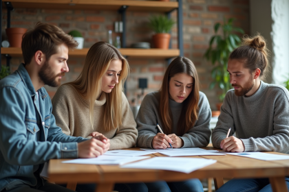 Jeunes adultes discutant autour d'une table dans un appartement moderne