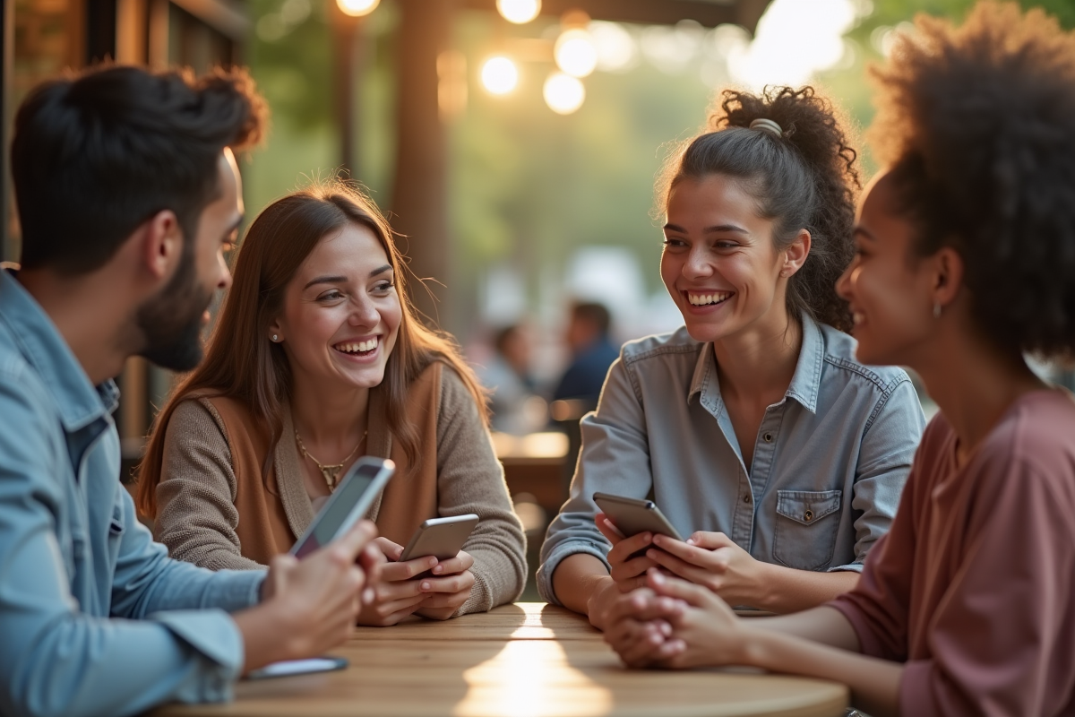 Groupe de jeunes adultes riant avec leurs smartphones en plein air