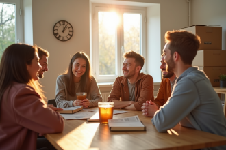 Groupe de jeunes divers discutant autour d'une table lumineuse