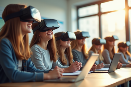 Groupe d'élèves au lycée portant des casques de réalité virtuelle dans une classe lumineuse