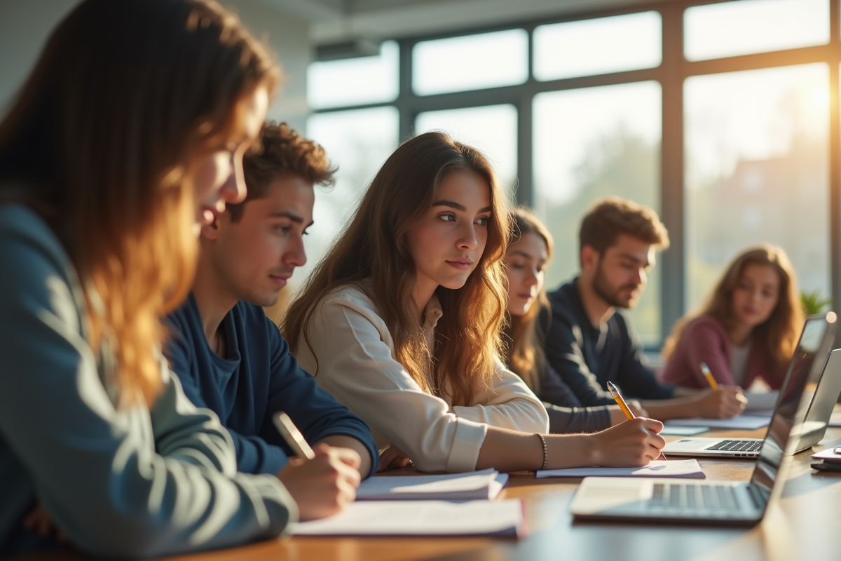 Groupe de jeunes adultes en étude dans une salle lumineuse