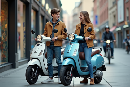 Adolescents souriants avec scooters en ville
