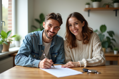 Deux jeunes signent un contrat de location dans un appartement lumineux
