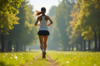 Femme joggeuse courant dans un parc vert au matin