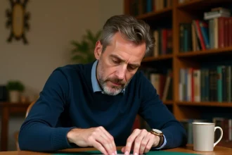 Joueur de bridge concentré examinant ses cartes à une table en bois recouverte d'un tapis vert, dans un bureau confortable en 2026