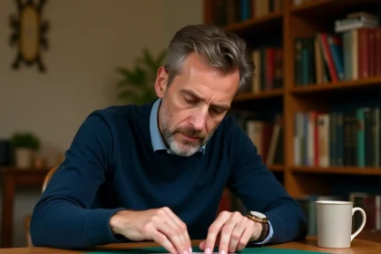 Joueur de bridge concentré examinant ses cartes à une table en bois recouverte d'un tapis vert, dans un bureau confortable en 2026