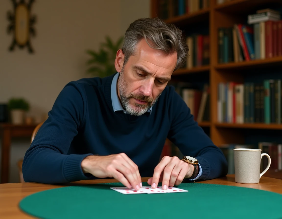 Joueur de bridge concentré examinant ses cartes à une table en bois recouverte d'un tapis vert, dans un bureau confortable en 2026