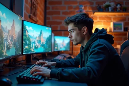 Joueur enthousiaste devant plusieurs écrans affichant un monde ouvert en attendant la date de sortie de GTA 6 en 2026