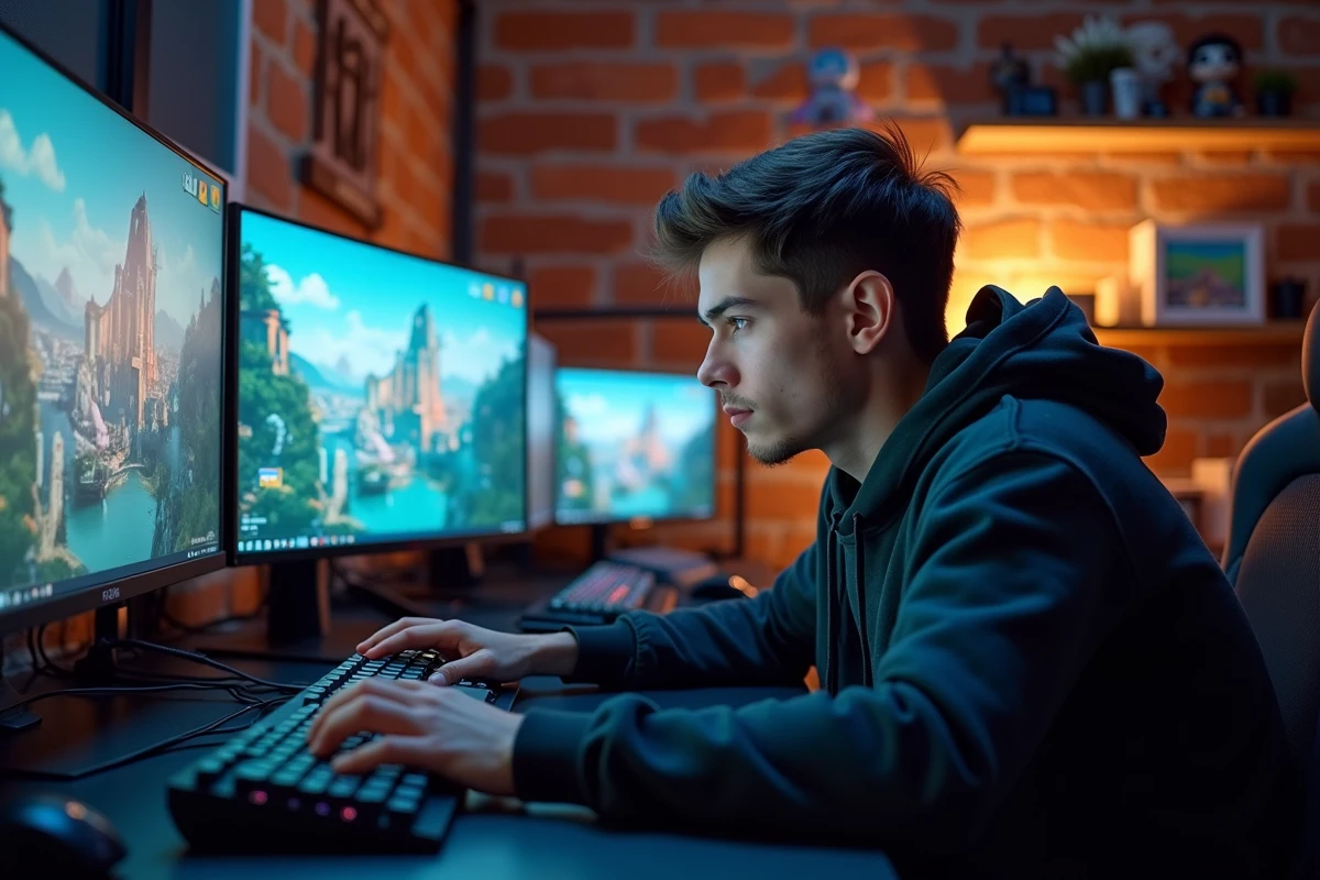 Joueur enthousiaste devant plusieurs écrans affichant un monde ouvert en attendant la date de sortie de GTA 6 en 2026