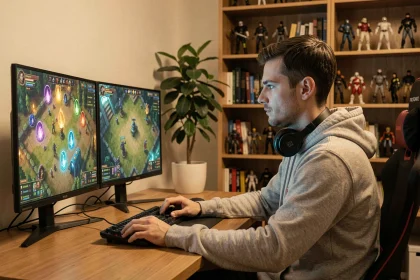 Joueur solo concentré devant ses écrans explorant des portails Dofus en mode solitaire