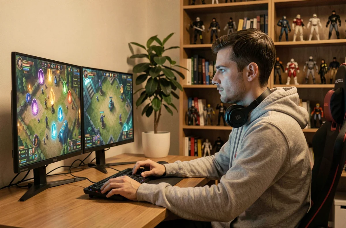 Joueur solo concentré devant ses écrans explorant des portails Dofus en mode solitaire