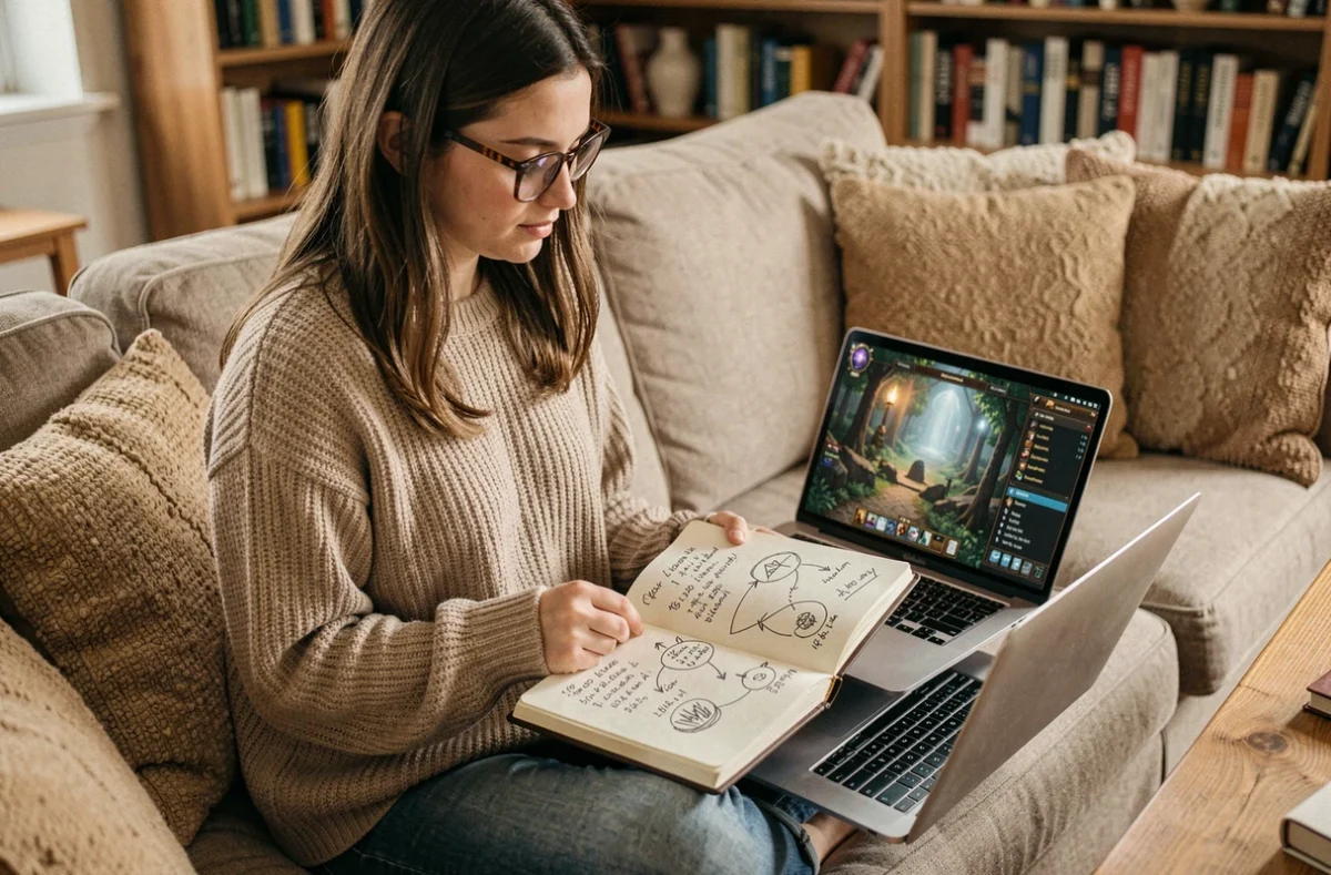 Joueuse prenant des notes sur les portails Dofus avec un carnet et un ordinateur portable en solo