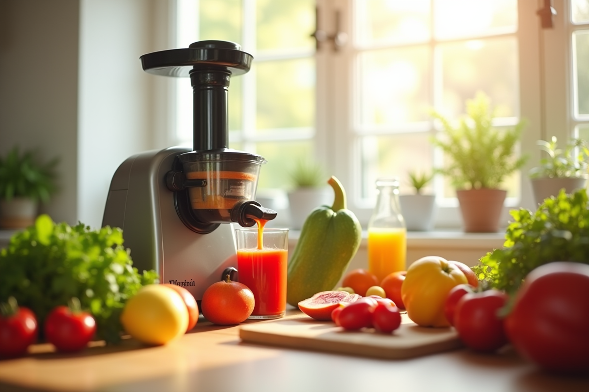 Fruits et légumes frais pressés en cuisine lumineuse