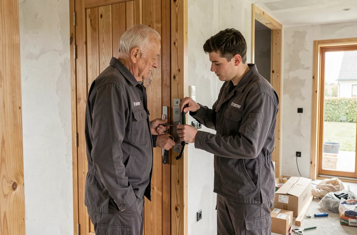 Deux serruriers de Kraemer et Fils Services installant un système de fermeture multipoints dans le Bas-Rhin