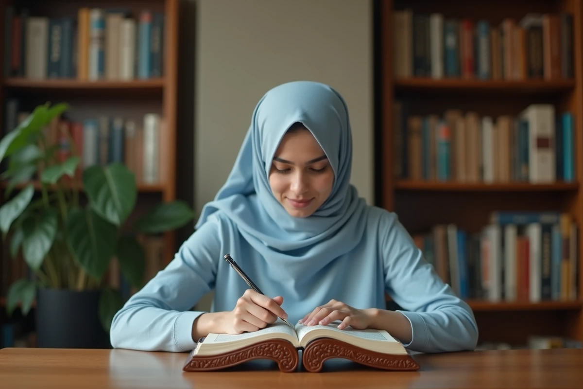 Jeune femme voilée lisant la sourate Al Kahf sur un rehal en bois dans une bibliothèque islamique