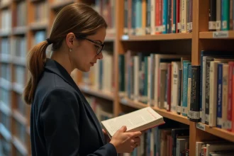 Libraire examinant le code ISBN au dos d'un livre dans une librairie indépendante bien organisée