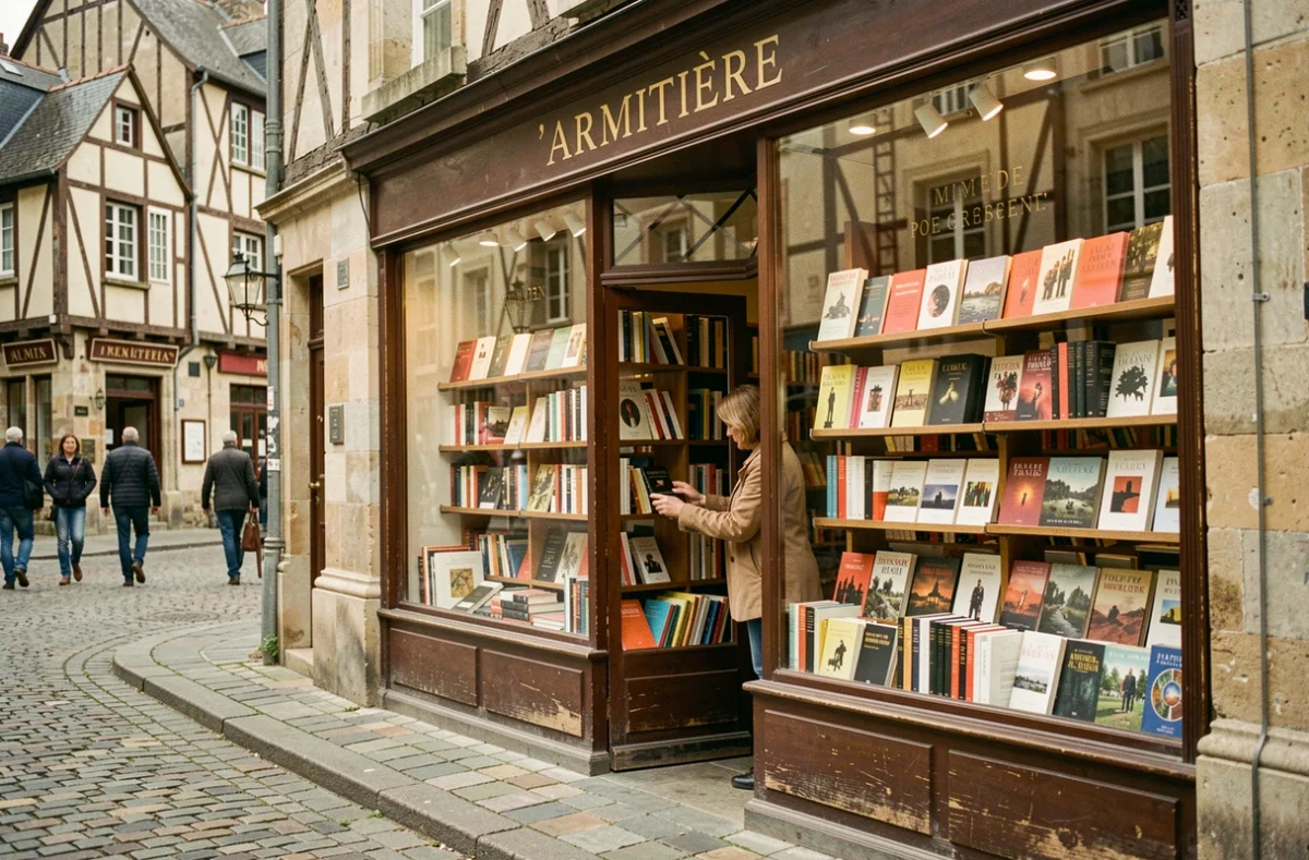 Devanture de la librairie l'Armitière à Rouen avec une libraire arrangeant la vitrine dans une rue pavée du centre historique