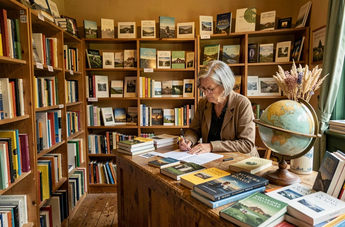 Intérieur de la librairie Autres Rivages à Buchy avec une libraire rédigeant une note de recommandation dans un cadre rural chaleureux et intimiste