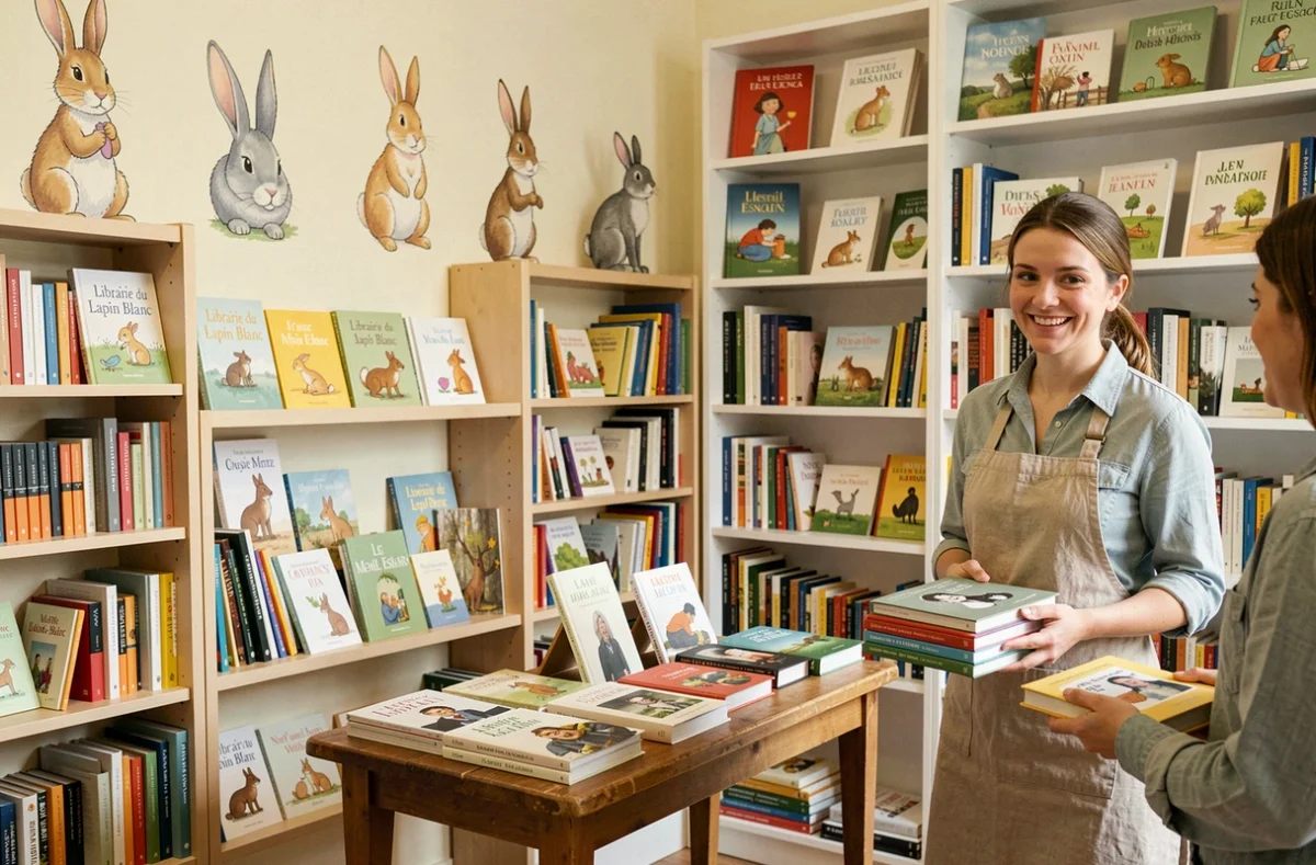 Intérieur accueillant de la librairie du Lapin Blanc au Mesnil-Esnard avec une libraire souriante et des rayonnages décorés de motifs de lapins peints