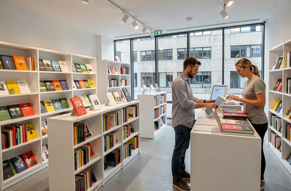 Intérieur spacieux de la librairie La Galerne au Havre avec un libraire aidant un client dans un cadre moderne aux grandes baies vitrées
