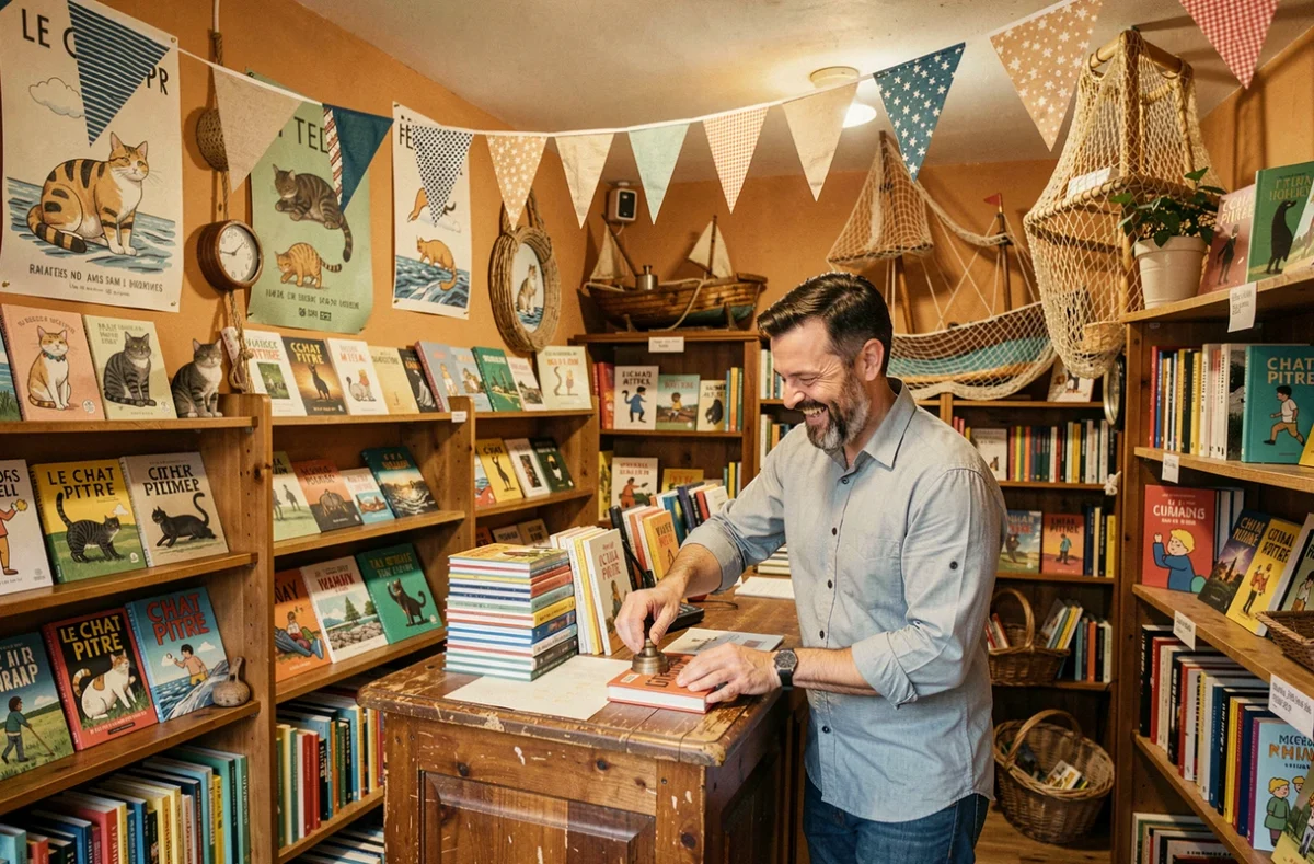 Intérieur plein de caractère de la librairie Le Chat Pitre à Fécamp avec un libraire souriant au comptoir et des décorations marines et félines originales