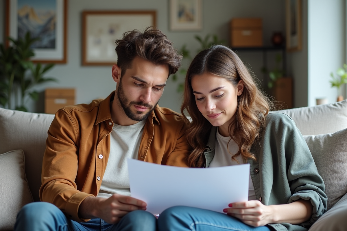Jeune couple remplissant un contrat de location sur un canapé